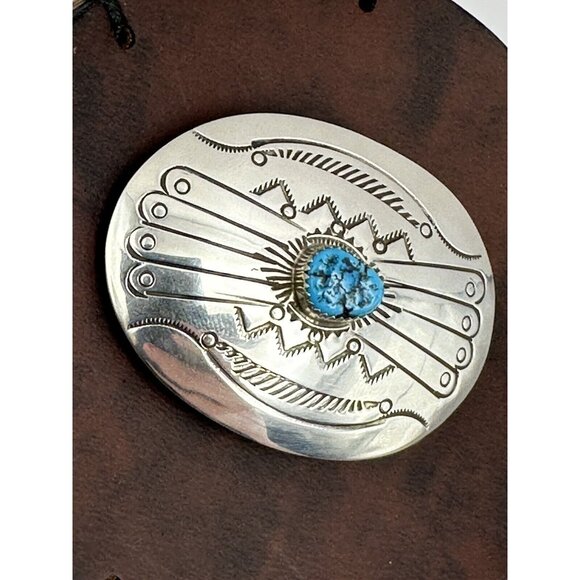 Navajo Handcrafted Sterling Silver & Genuine Turquoise Small 2-Inch Belt Buckle - Picture 1 of 7